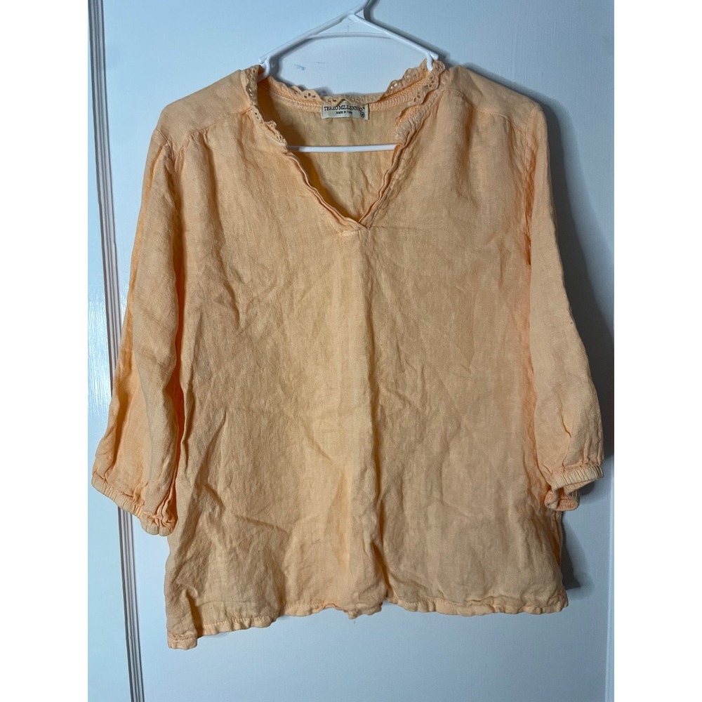 Terzo Millennio Italy Linen Cotton‎ Top Crochet Trim Peach Blouse - M